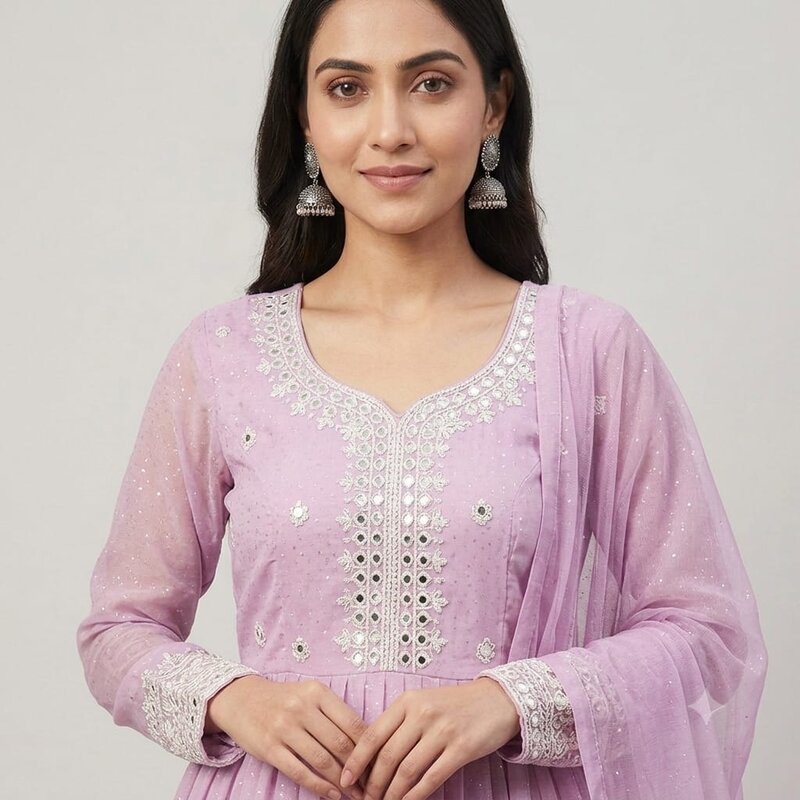 Elegant Lavender Embroidered Anarkali Suit Set with Mirror Work