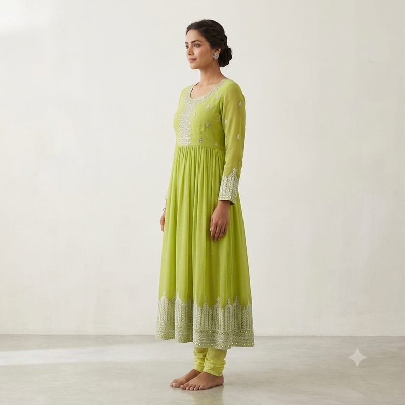 Lime Green Embroidered Anarkali Suit Set for Women