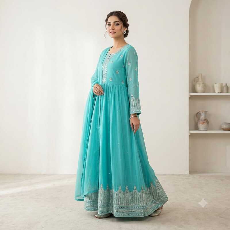 Elegant Turquoise Embroidered Anarkali Kurta Set for Women