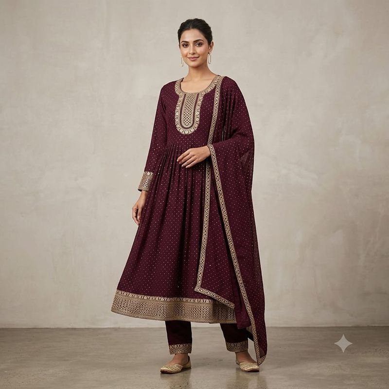 Elegant Maroon Embroidered Anarkali Kurta Set with Dupatta