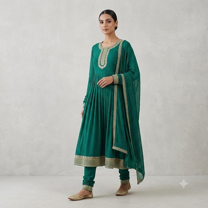 Jade Green Anarkali Suit Set with Gota Patti Embroidery & Organza Dupatta – Indian Ethnic Wear