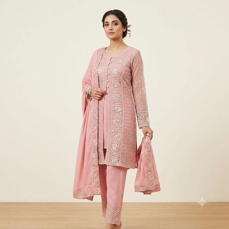 Elegant Dusty Pink Embroidered Kurti Set with Layered Jacket and Dupatta