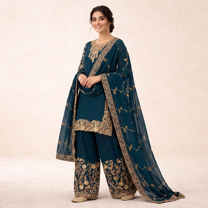 Teal Blue Embroidered Designer Sharara Suit Set for Women