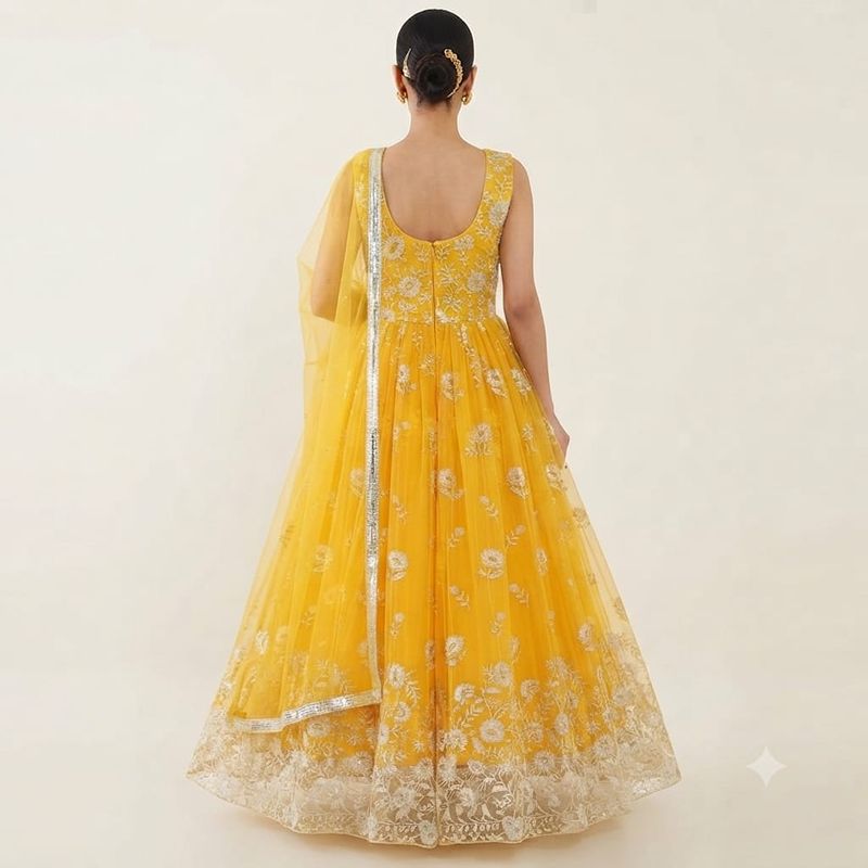 Radiant Yellow Floral Embroidered Net Anarkali Gown with Matching Dupatta