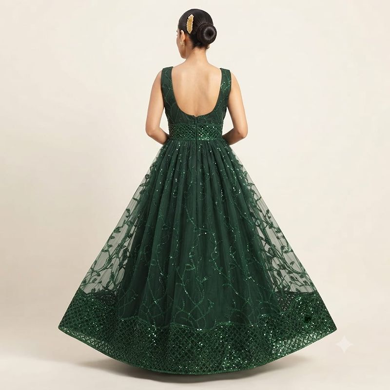 Elegant Emerald Green Sequined Net Flared Gown for Women