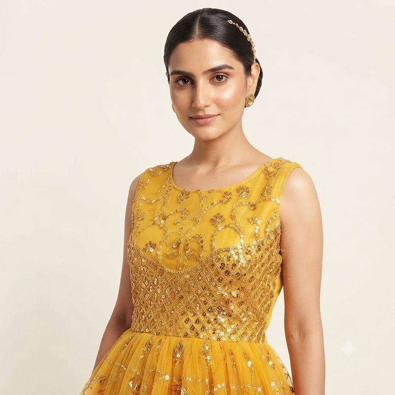 Radiant Mustard Yellow Sequined Net Anarkali Gown for Festive Occasions