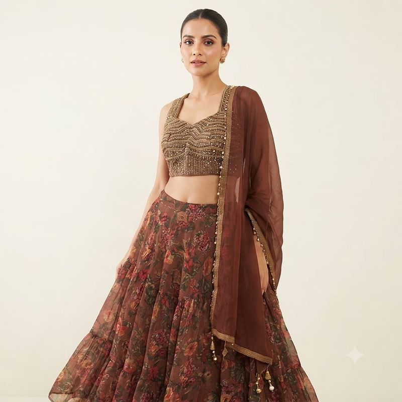 Elegant Chocolate Brown Floral Print Lehenga Set with Embellished Blouse