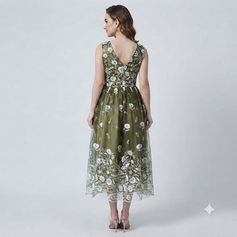 Elegant Olive Green Floral Embroidered Mesh Gown