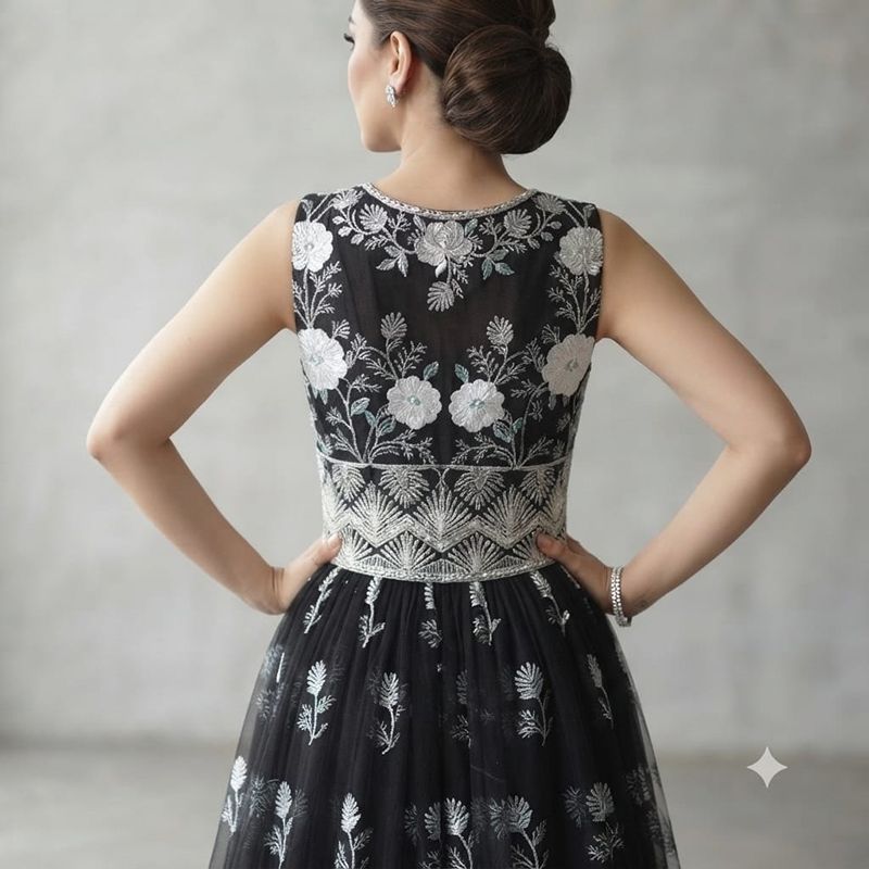 Elegant Black Floral Embroidered Net A-Line Evening Gown