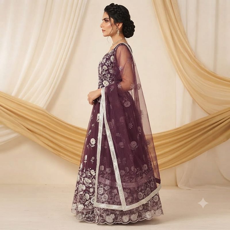 Elegant Deep Purple Embroidered Net Anarkali Gown with Dupatta