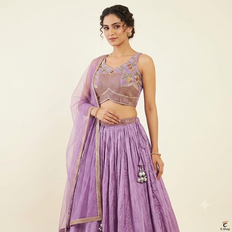Lavender Embroidered Hand-Embellished Lehenga Choli Set with Net Dupatta
