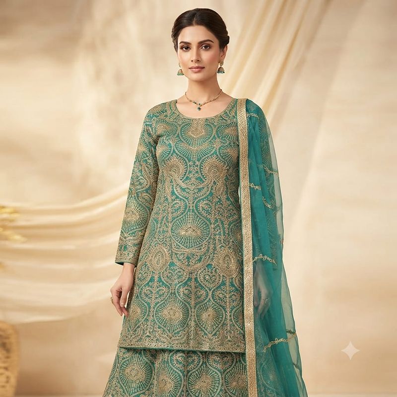 Elegant Teal & Gold Embroidered Ethnic Sharara Suit Set