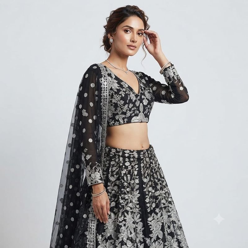 Elegant Black Embroidered Semi-Stitched Lehenga Choli Set
