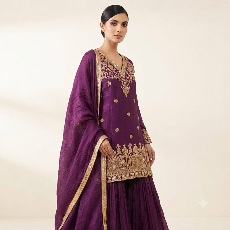 Elegant Deep Purple Silk Sharara Suit Set with Intricate Gold Embroidery