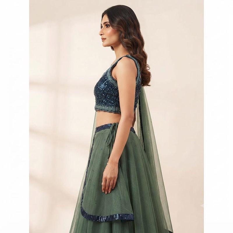 Elegant Midnight Blue & Sage Green Sequined Lehenga Choli Set