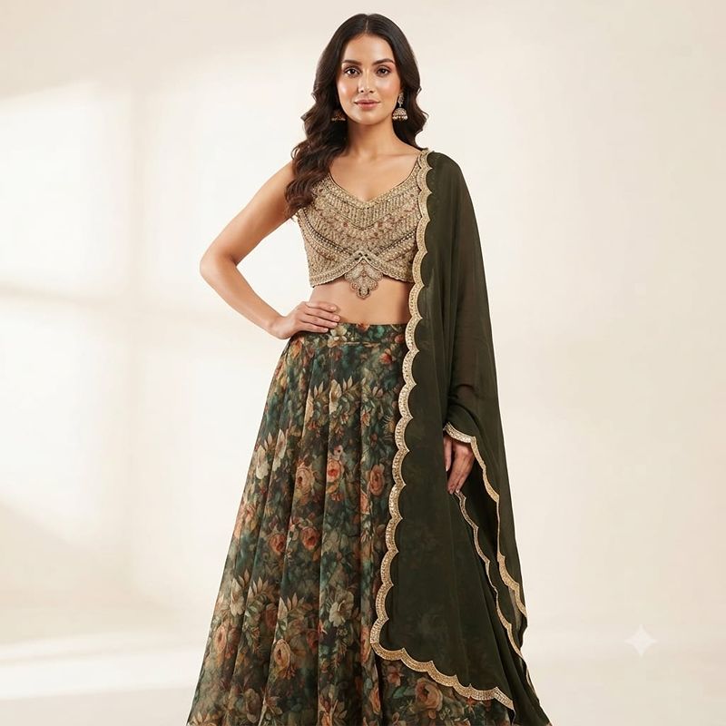 Olive Green Floral Print Lehenga Choli Set with Heavily Embellished Crop Top