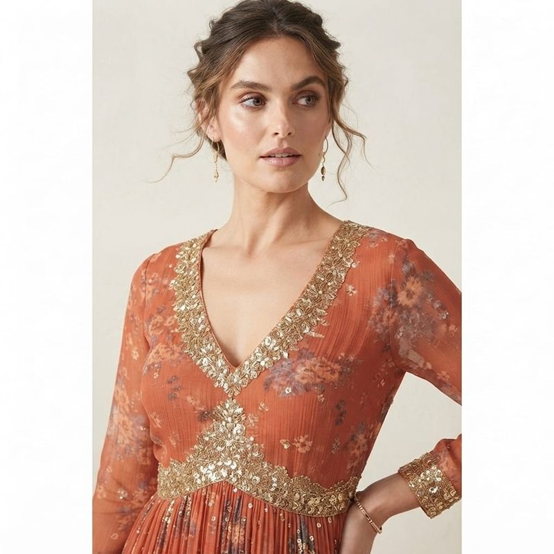 Rust Floral Printed Pleated Gown with Embellished Border