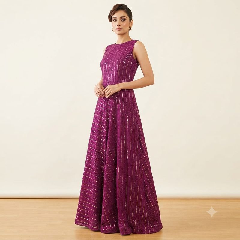 Elegant Magenta Sequined A-Line Floor-Length Evening Gown