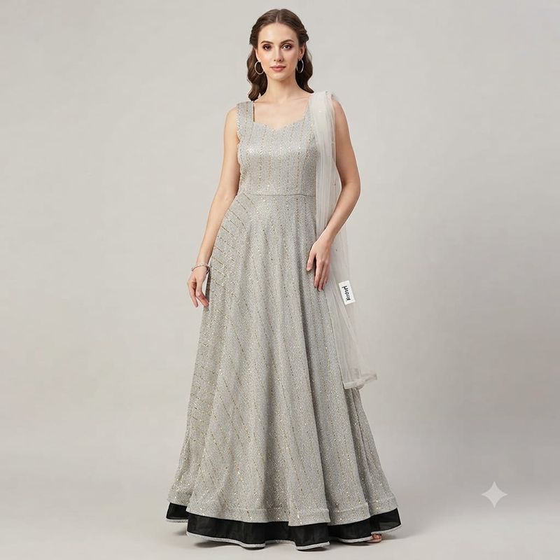 Elegant Silver Sequin Embellished Sleeveless Ethnic Gown with Dupatta