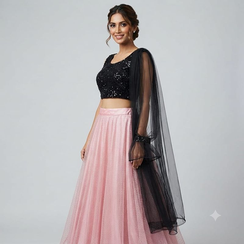 Elegant Black & Pink Sequin Embellished Party Wear Lehenga Choli Set