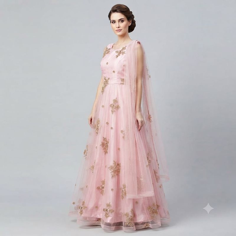 Elegant Pastel Pink Floral Embroidered Net Evening Gown for Women