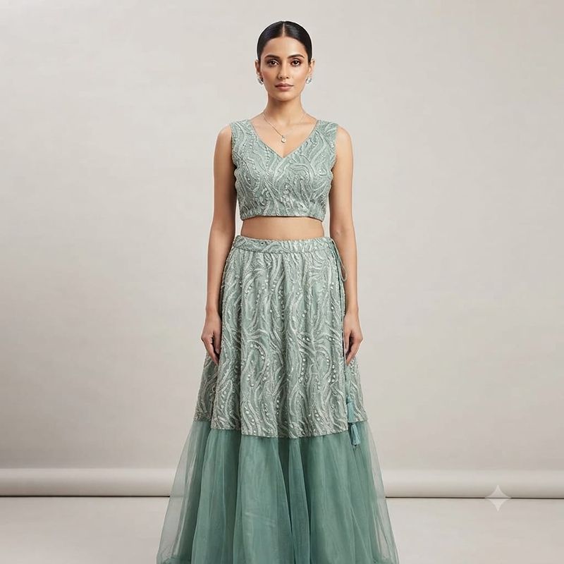 Elegant Mint Green Embroidered Lehenga Choli Set for Festive Occasions