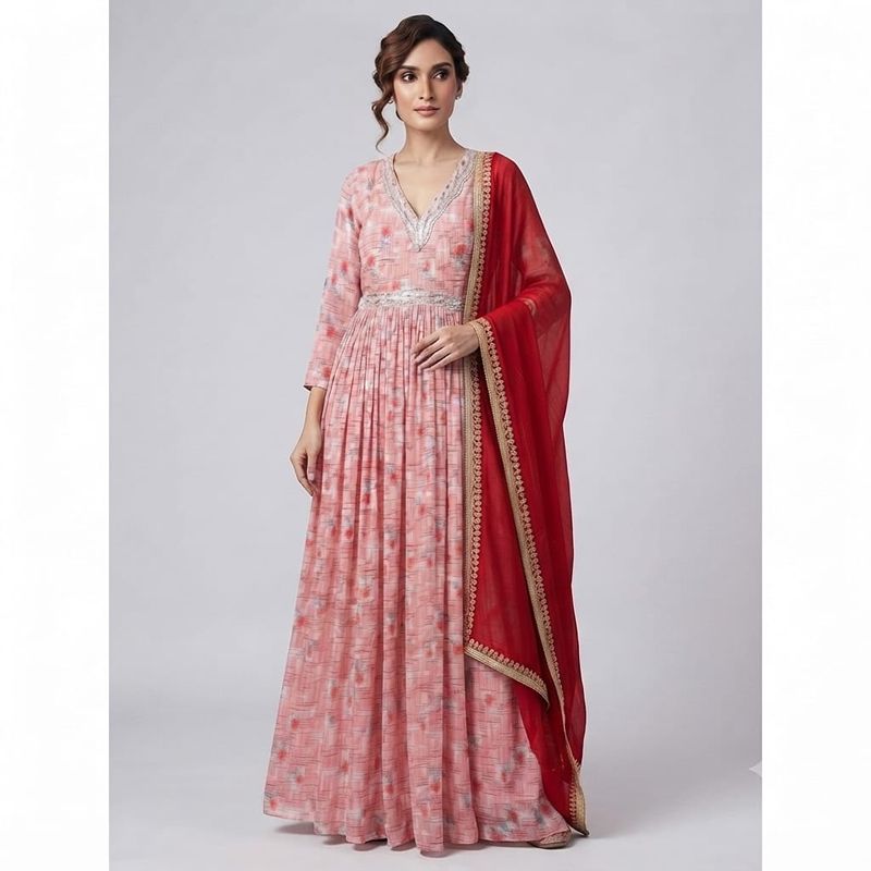 Elegant Peach Abstract Print Anarkali Gown with Contrast Red Dupatta