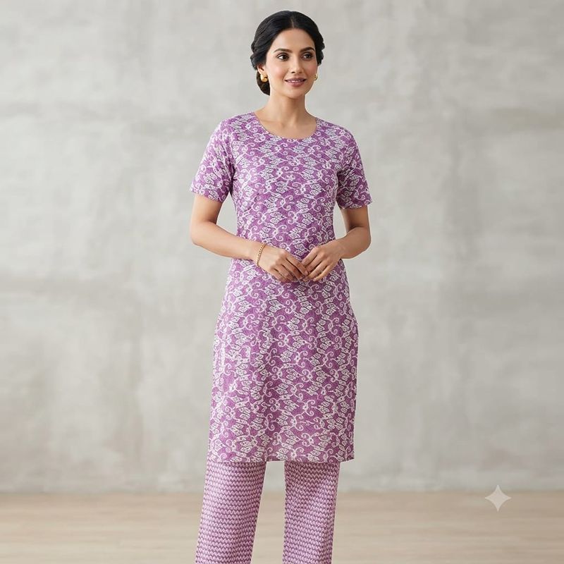 Elegant Purple Printed Cotton Kurti and Pant Co-ord Set for Women