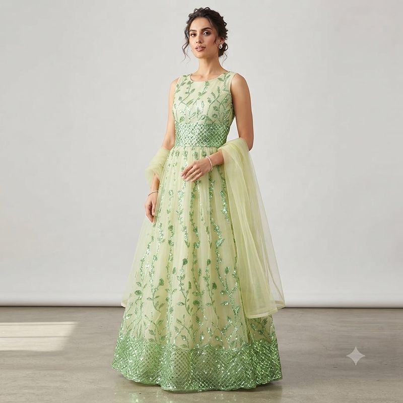 Elegant Lime Green Sequined Floral Net Anarkali Gown with Dupatta