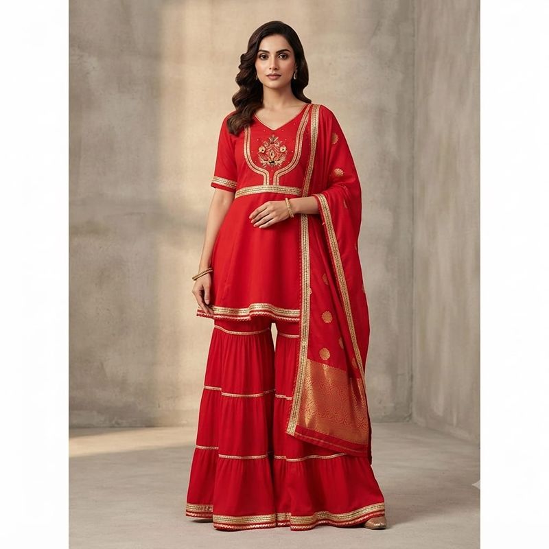 Elegant Red Peplum Kurti with Tiered Sharara and Dupatta Set