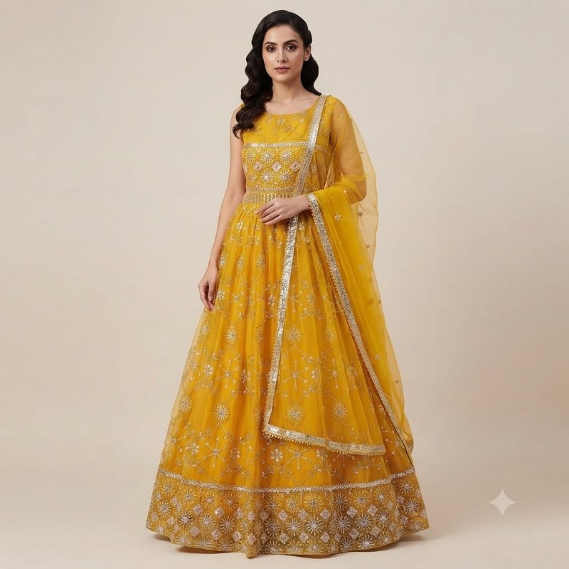 Mustard Yellow Net Embroidered Anarkali Gown with Dupatta