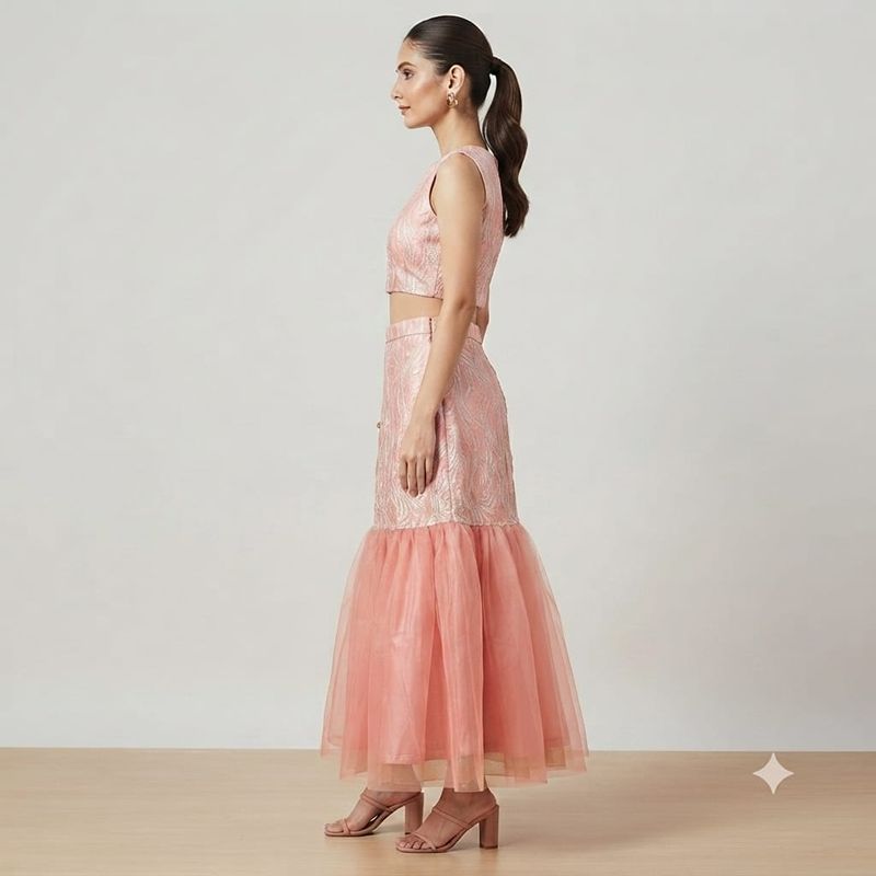 Elegant Peach Foil-Work Crop Top & Tulle Skirt Set