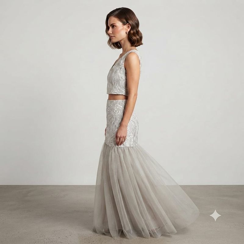 Women's Embellished Silver Crop Top and Mermaid Skirt Set