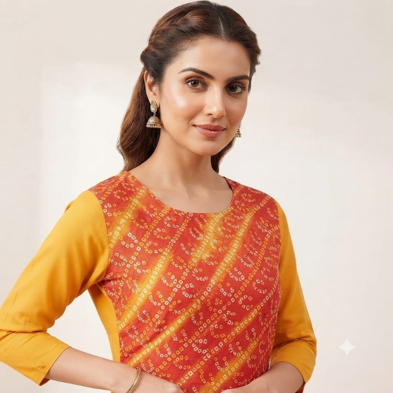 Womens Mustard Yellow and Red Bandhani Print Straight Kurta with Trousers Set