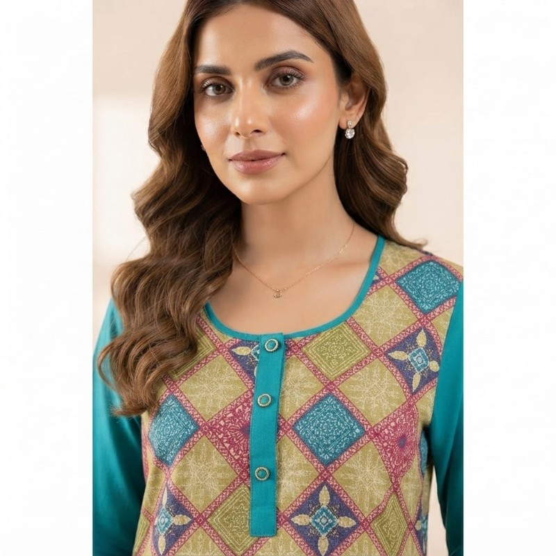 Elegant Geometric Print Cotton Kurta for Women - Teal & Multi-Color Ethnic Wear