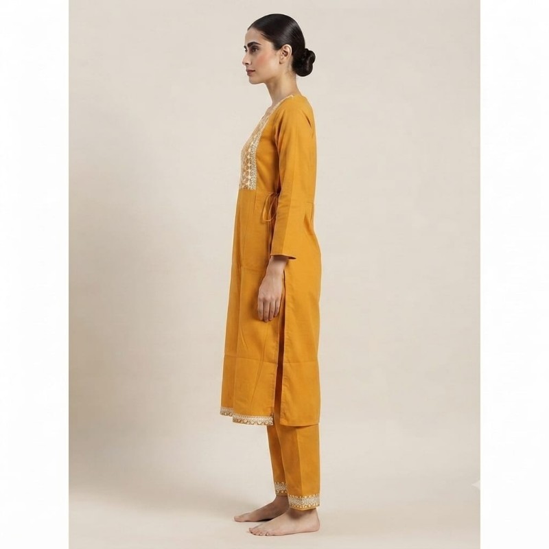 Elegant Mustard Yellow Embroidered Kurta with Matching Trousers