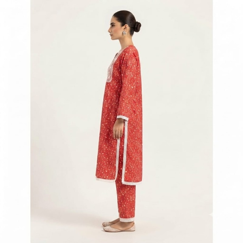 Red Floral Printed Cotton Kurta