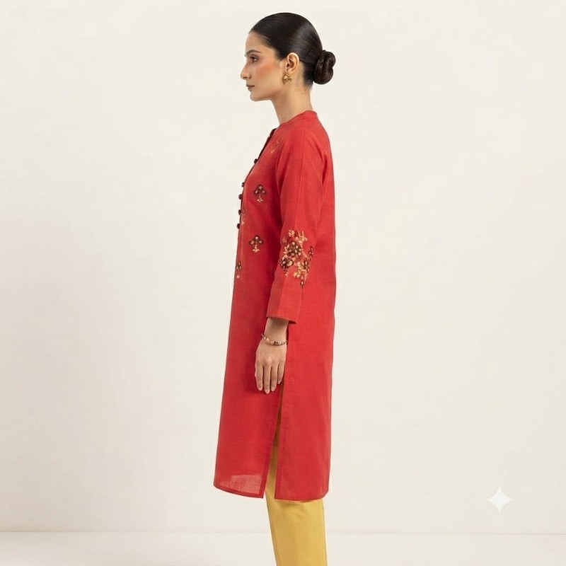 Red Floral Embroidered Mandarin Collar Cotton Kurta for Women