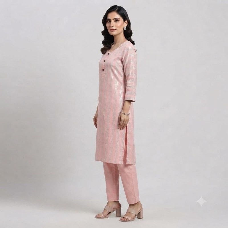 Elegant Pastel Pink Striped Kurti with Matching Pant Set