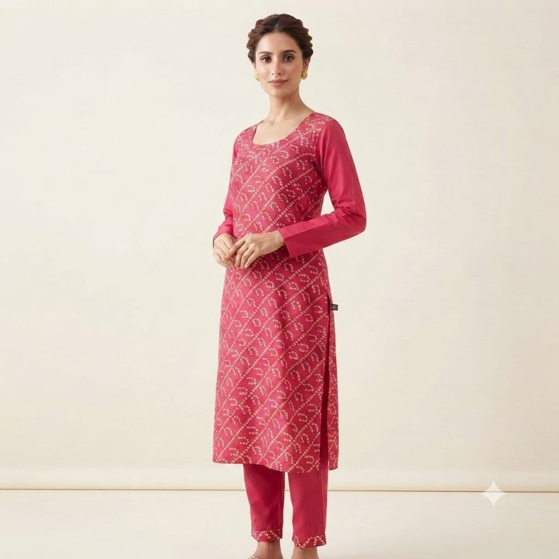 Elegant Pink Bandhani Print Straight Kurta
