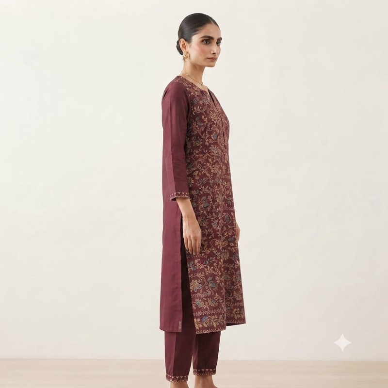 Elegant Maroon Floral Print Straight Kurta
