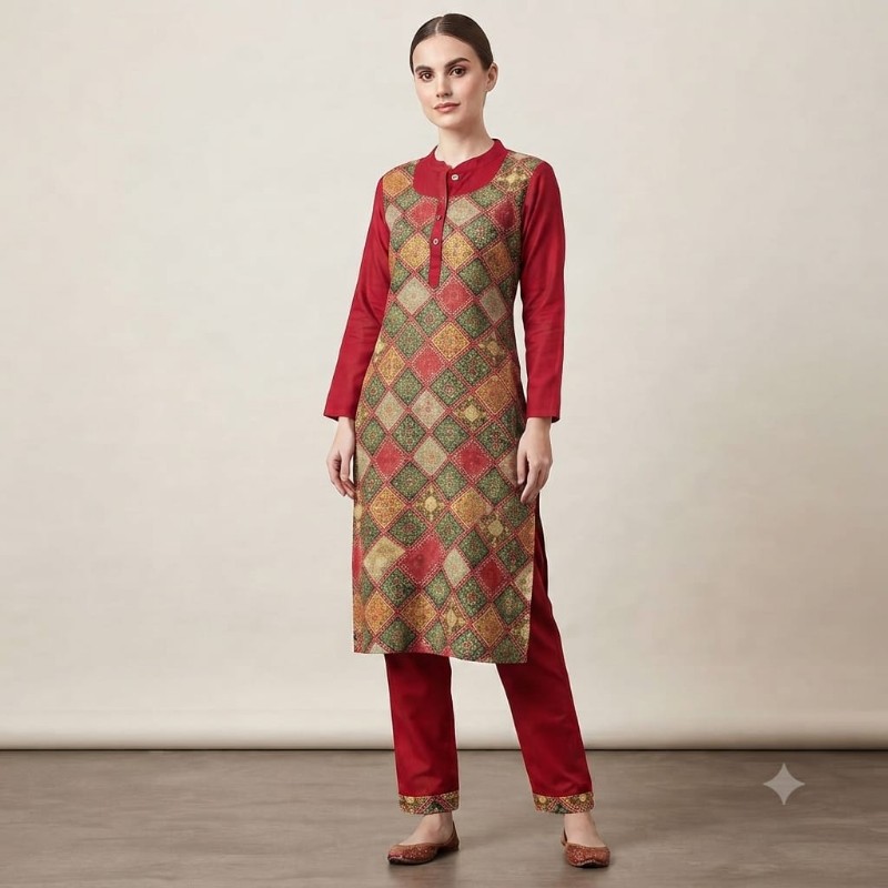 Elegant Red Ethnic Kurta Set with Diamond Patterned Yoke