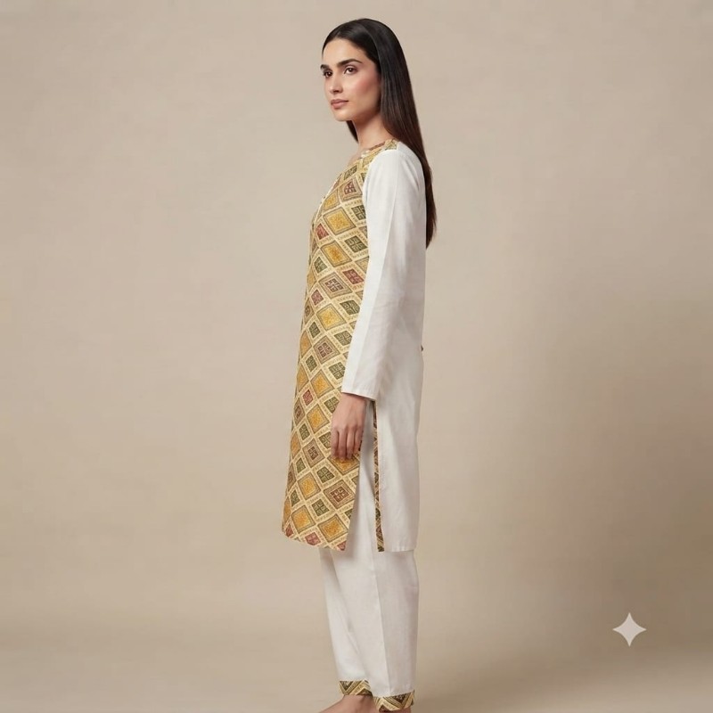 Elegant White Geometric Print Kurta and Pant Set for Women
