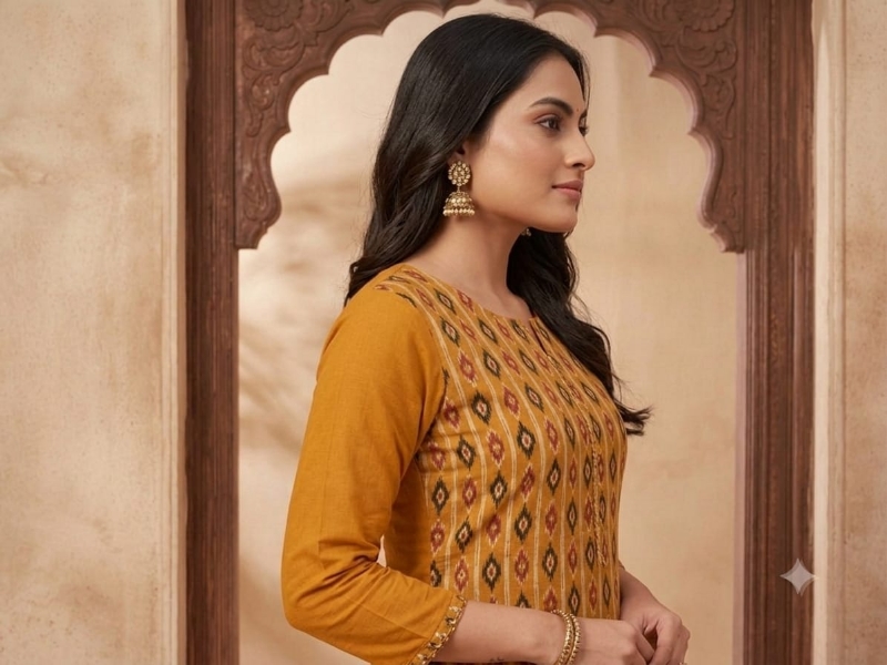 Mustard Yellow Ikat Print Straight Kurta