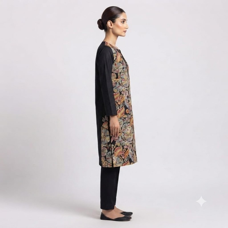 Women's Black Straight-Fit Kurta with Multicolored Floral Print