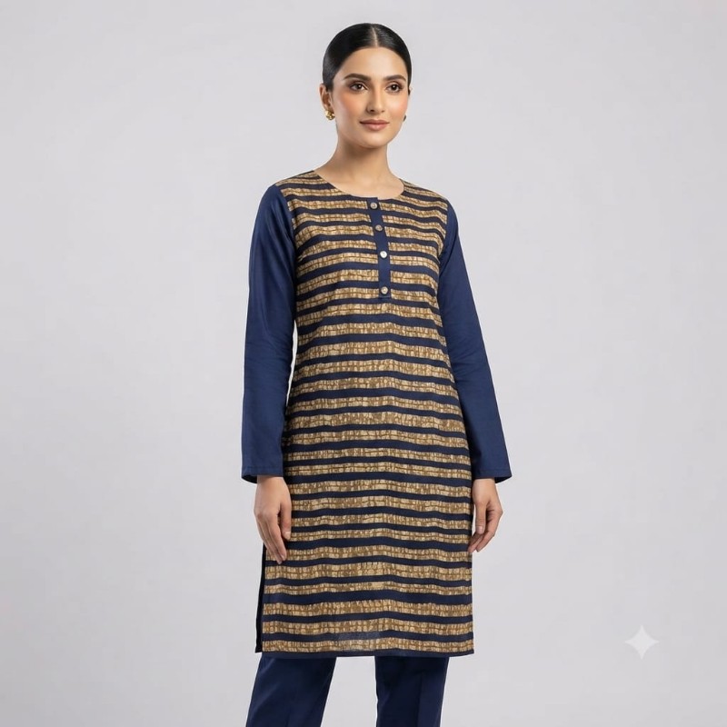 Elegant Navy Blue & Earthy Striped Cotton Kurti for Women