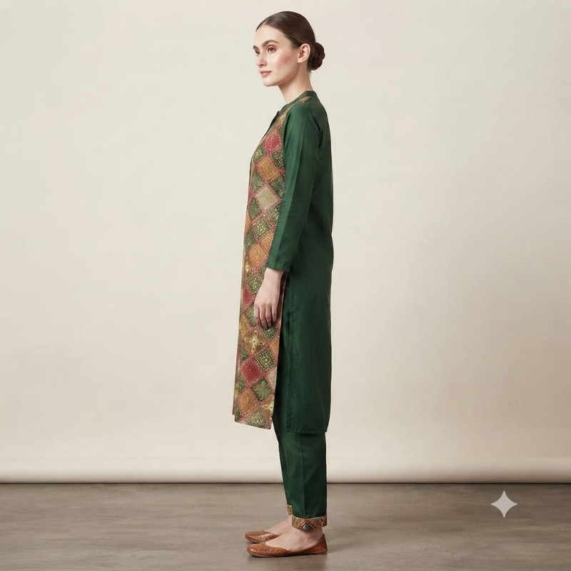 Elegant Forest Green Ethnic Kurta and Pant Set with Geometric Printed Panel