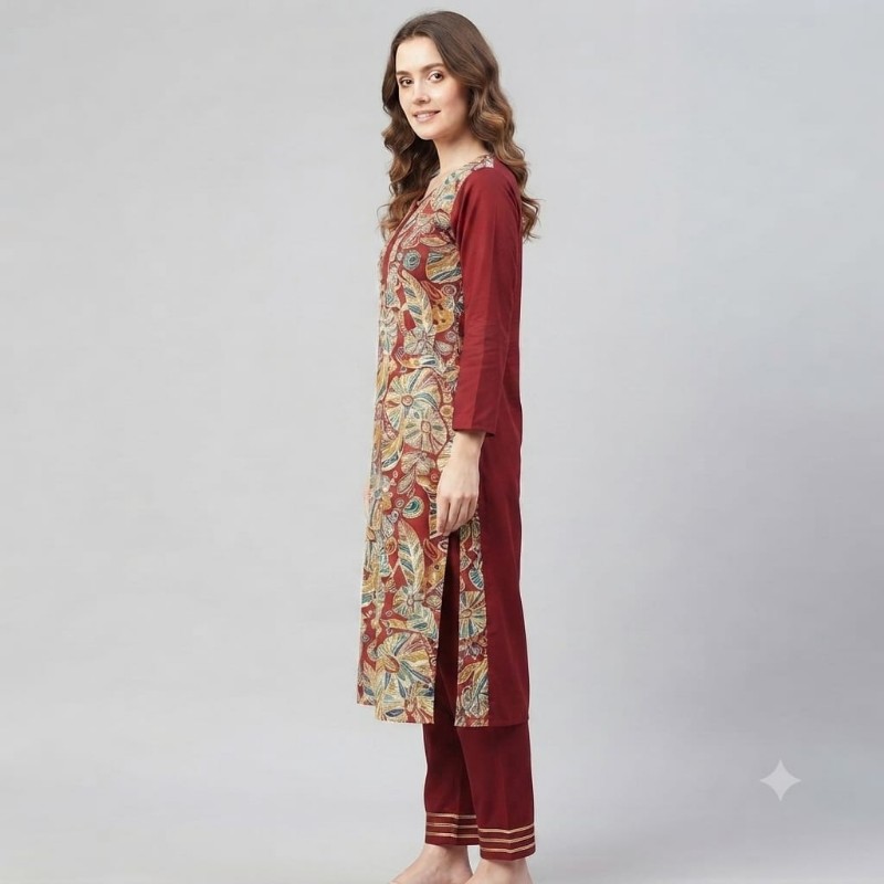 Elegant Maroon Floral Print Straight Kurta and Pant Set for Women