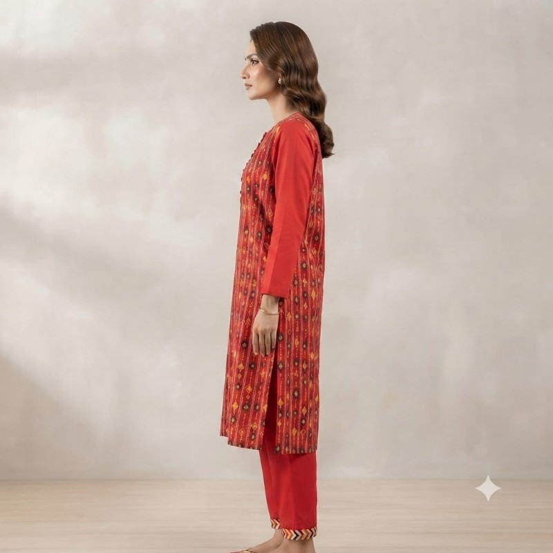 Women’s Ethnic Red Printed Straight Kurta Set with Matching Trousers
