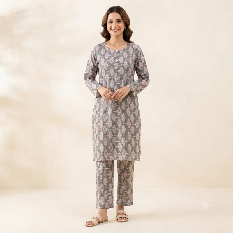 Elegant Grey & Pink Geometric Print Cotton Co-ord Set for Women